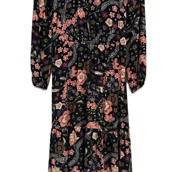 NWT Loft Petite Large Floral Shirred Flounce Long Sleeve Midi Dress - Picture 4 of 10